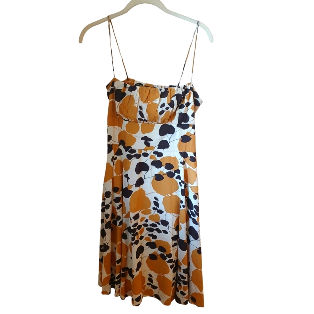 Va Va Voom Women's Brown And Gold Leaf Print Dress With Pleated Top Size L